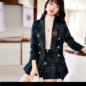 2 Piece Set Autumn Winter Women Tweed Blazer Shorts Suits Outfits Casual Match